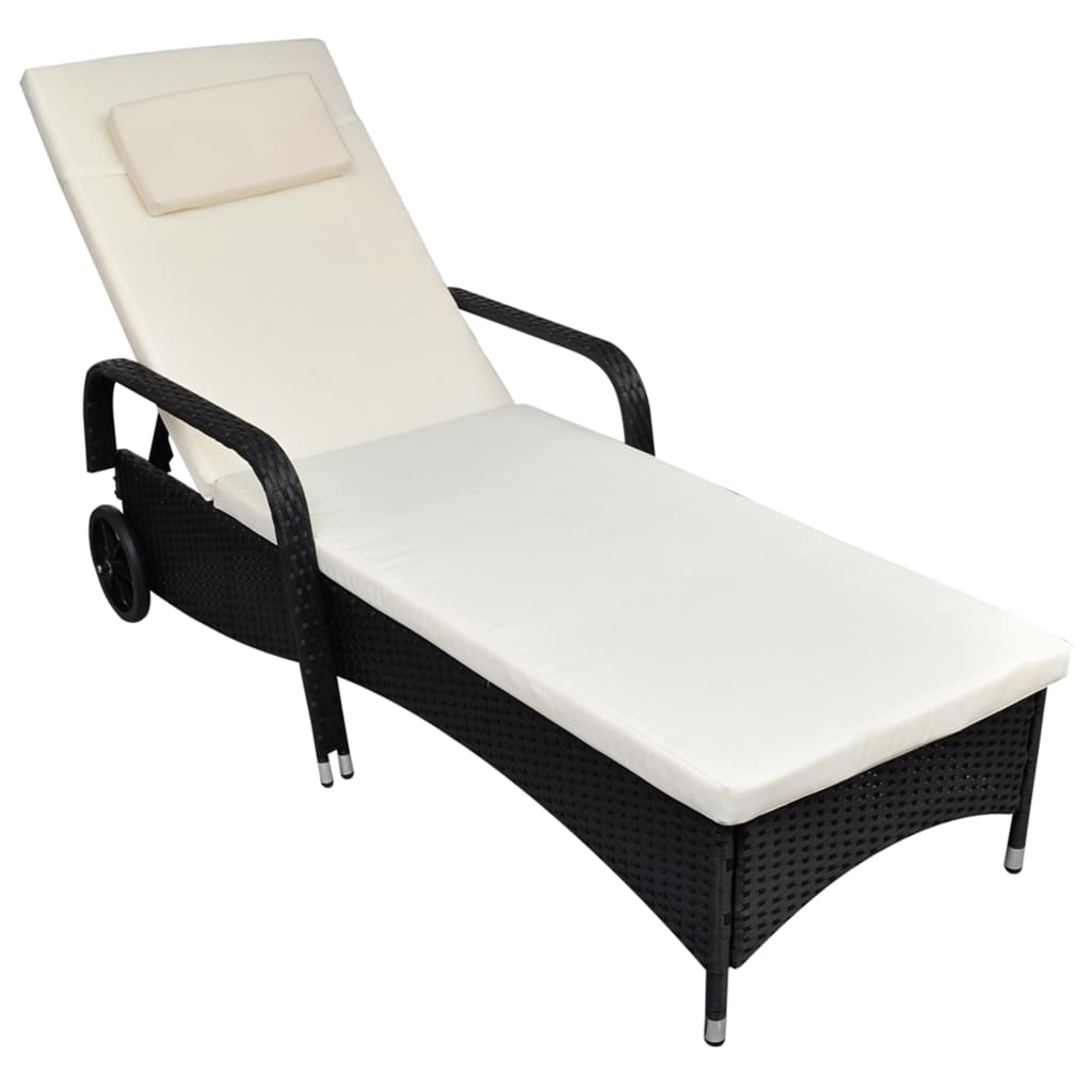 Black Poly Rattan Sun Lounger with Cushion & Wheels | Outdoor Daybed