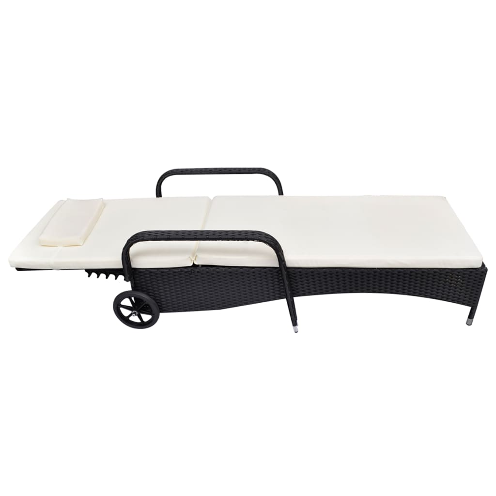 Black Poly Rattan Sun Lounger with Cushion & Wheels — Premium Outdoor Daybed