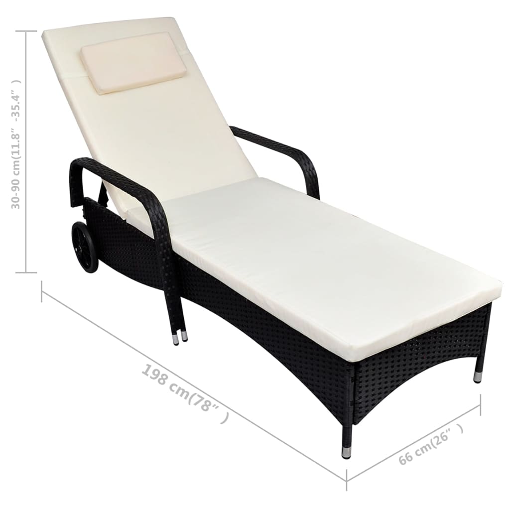 Black Poly Rattan Sun Lounger with Cushion & Wheels — Premium Outdoor Daybed
