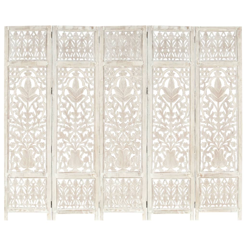 Handcarved 5-Panel Room Divider — Solid Mango Wood | 200x165cm White