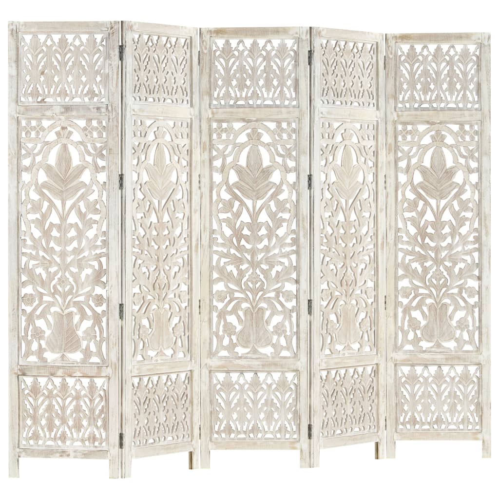 Handcarved 5-Panel Room Divider — Solid Mango Wood | 200x165cm White
