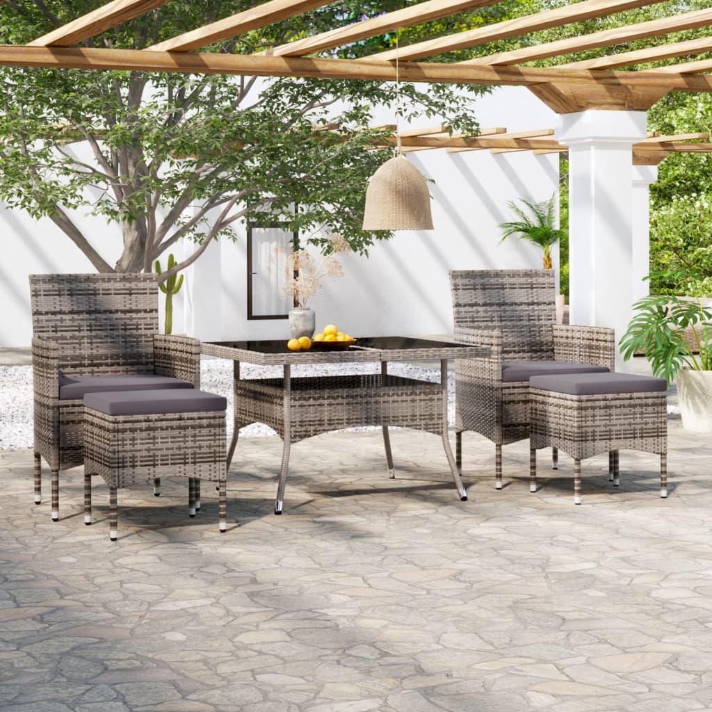 5-Piece Grey Poly Rattan & Tempered Glass Outdoor Dining Set | Patio Furniture