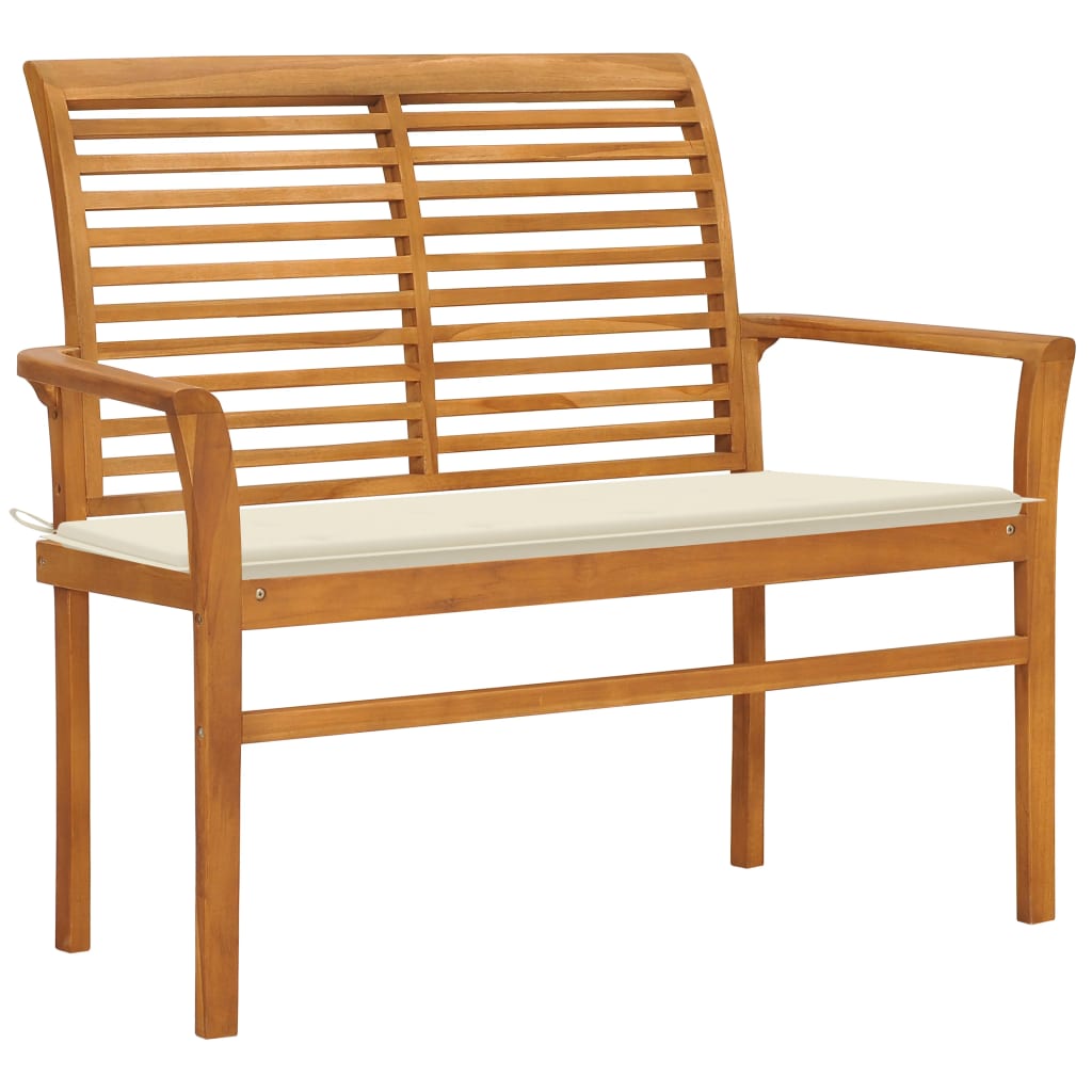 Solid Teak Wood Garden Bench — 112cm with Cream Cushion | Outdoor Seating