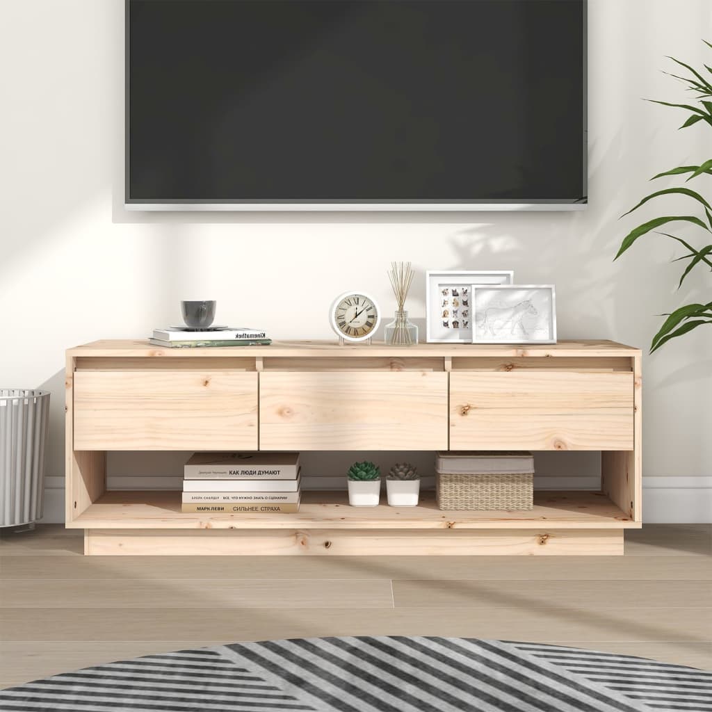 Solid Pine Wood TV Cabinet — 110cm | Natural Timber Entertainment Unit