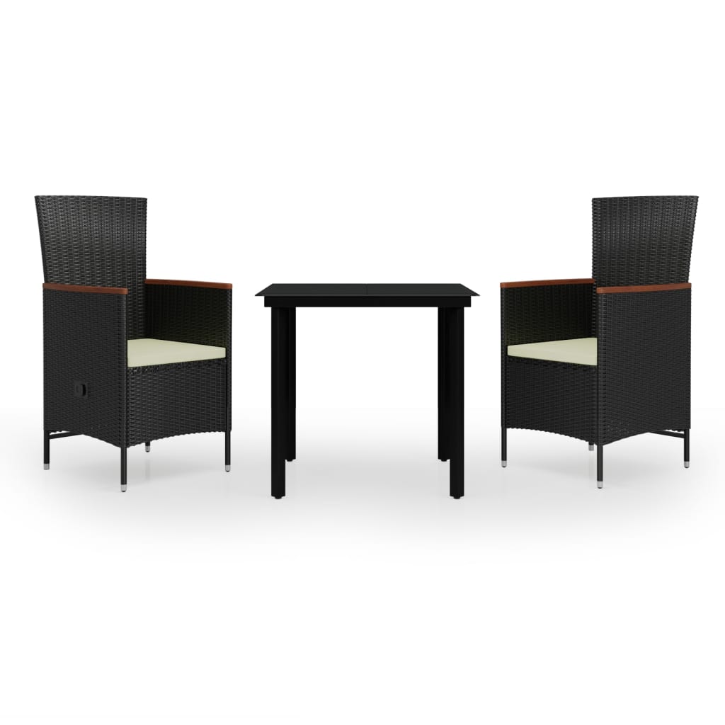 3-Piece Black Garden Dining Set with Cushions | Outdoor Table & Chairs