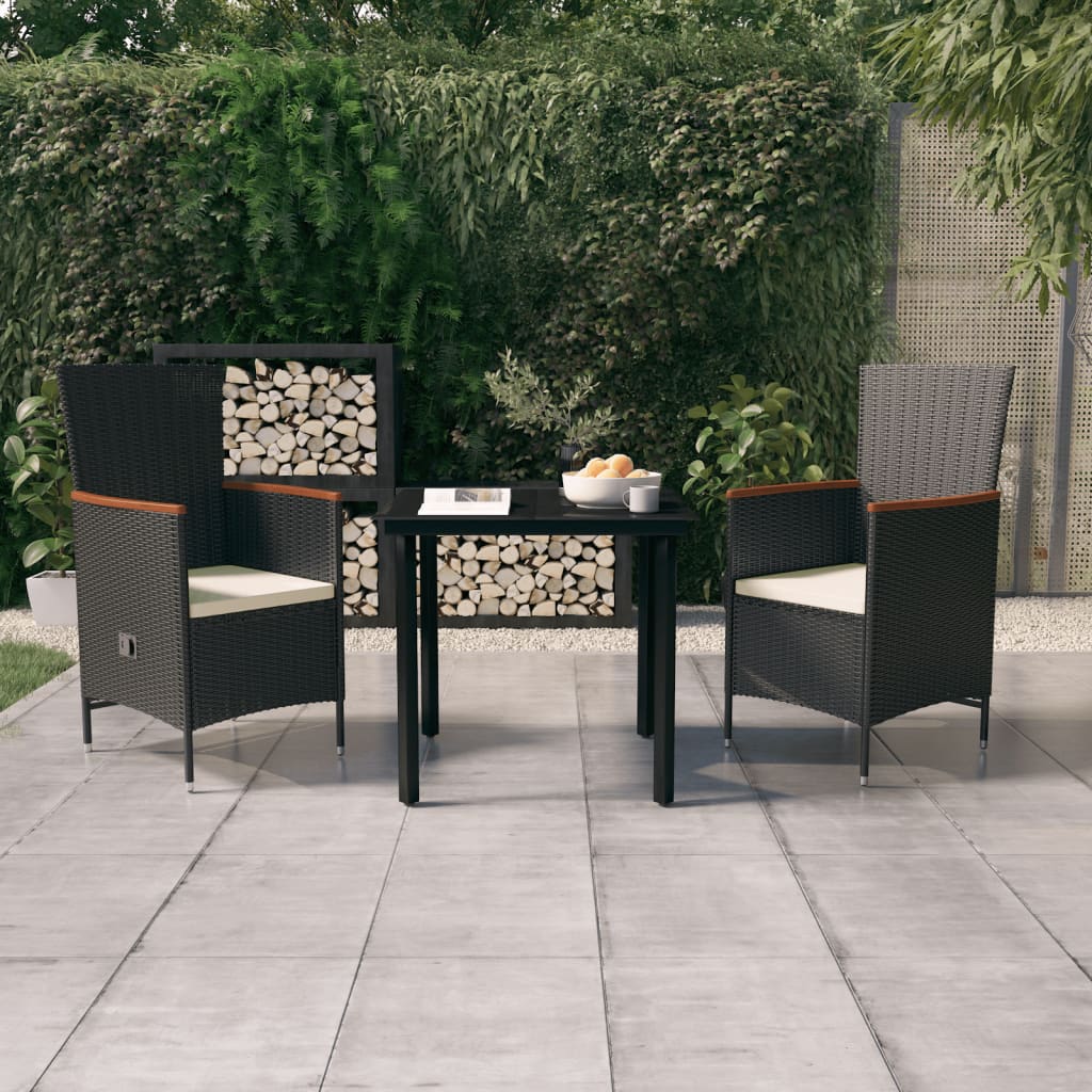 3-Piece Black Garden Dining Set — Table & Chairs with Cushions