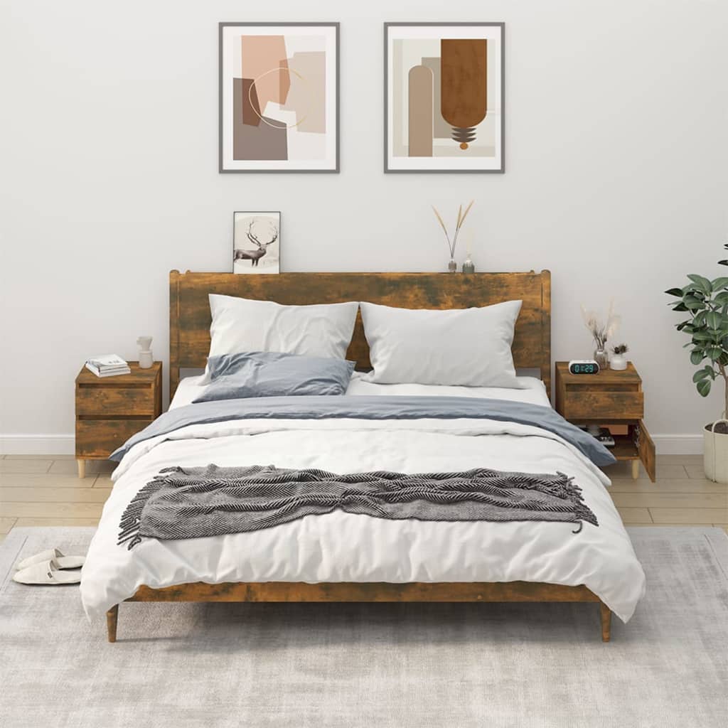 Modern Smoked Oak Bedside Cabinets - Set of 2 Storage Nightstands