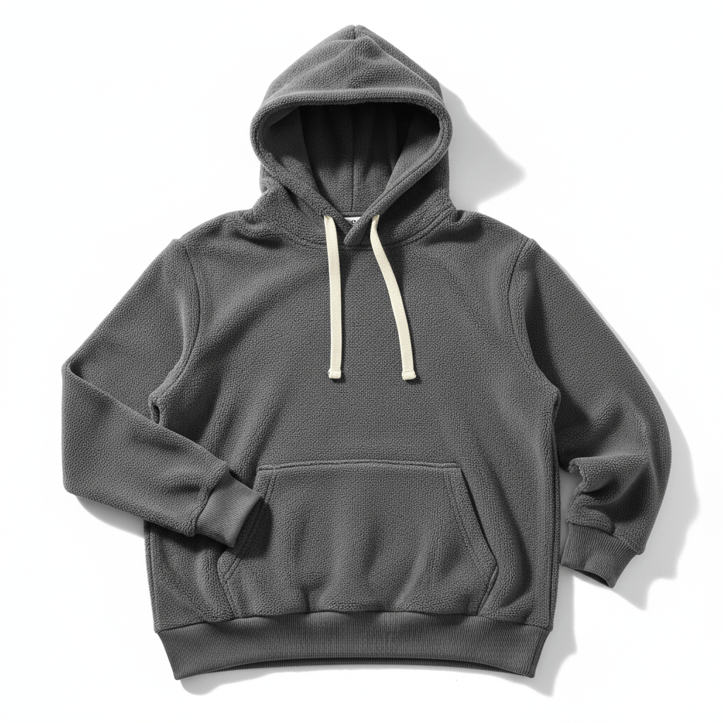 Cozy Fleece Hoodie - Pullover Sweatshirt in gray color with adjustable drawstring hood and kangaroo pocket.