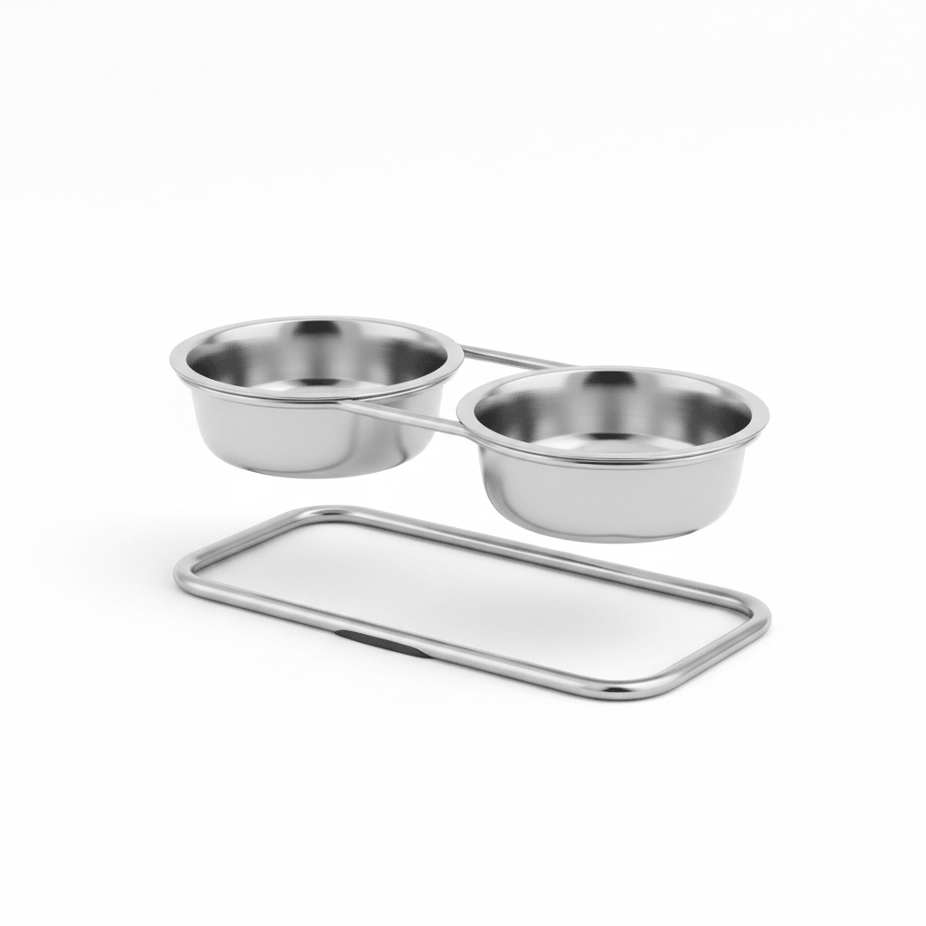 Elevated Pet Food Bowl Set - Stainless Steel with raised design and two bowls for food and water.