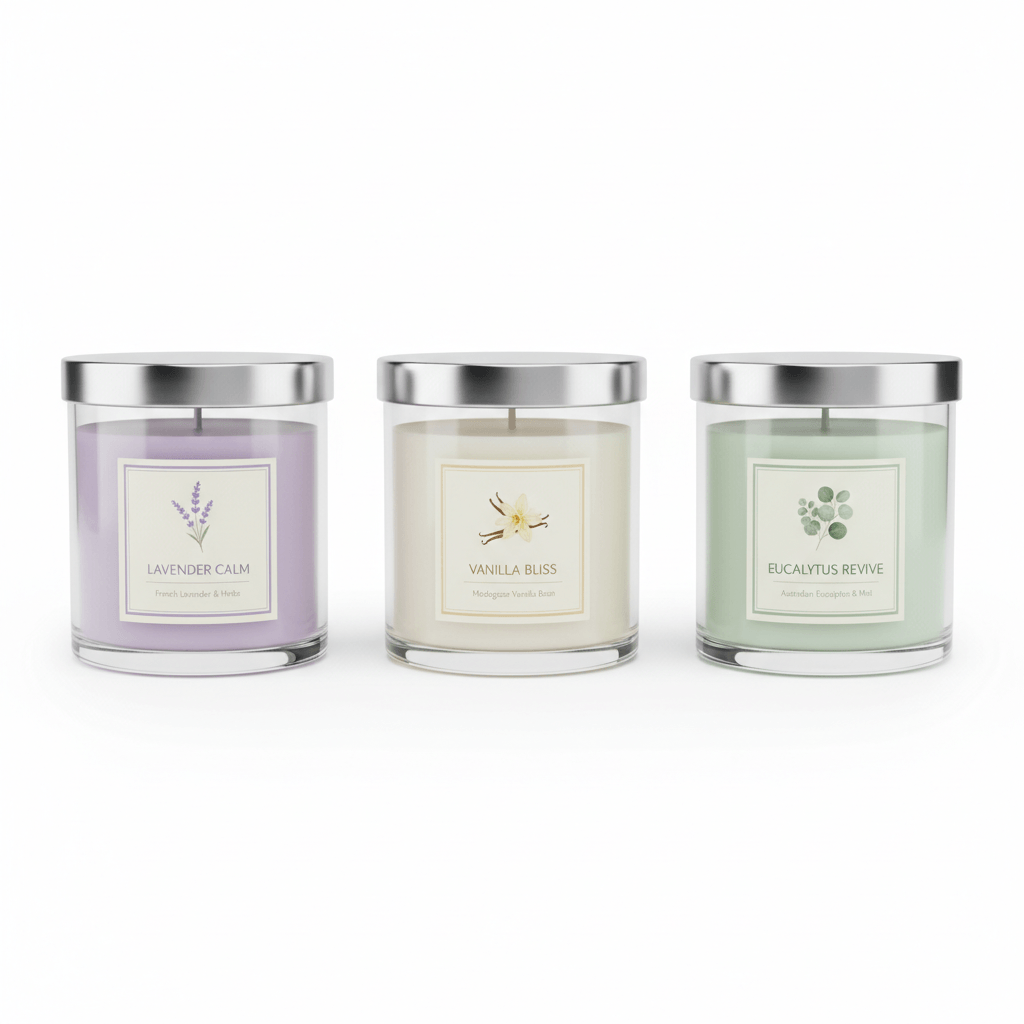 Luxury Scented Candle Set - 3 Pack Aromatherapy featuring Lavender Calm, Vanilla Bliss, and Eucalyptus Revive.