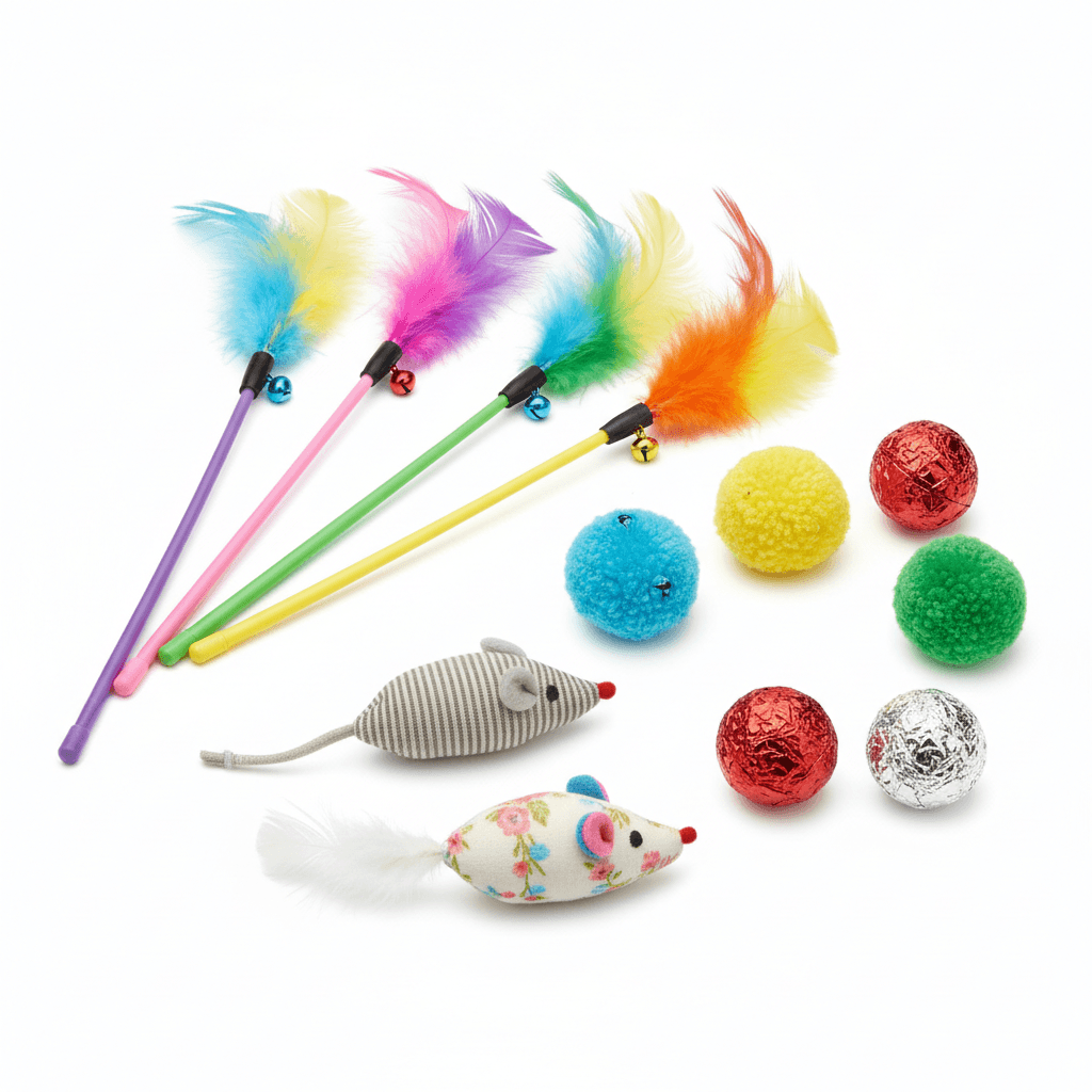 Interactive Cat Toy Set - 10 Piece Bundle featuring colorful feather wands, jingle balls, and plush mouse toys.